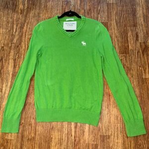 Abercrombie & Fitch Green V-Neck Knit Sweater Moose Logo Muscle Fit M Y2K Era